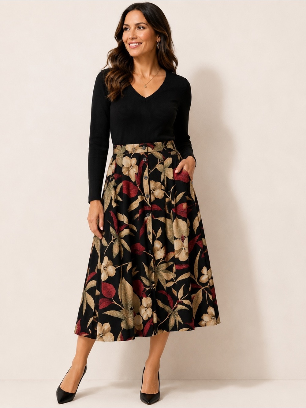 Alfred Dunner Floral Midi Skirt Petite 8P Button Front Fall Cottagecore Vintage